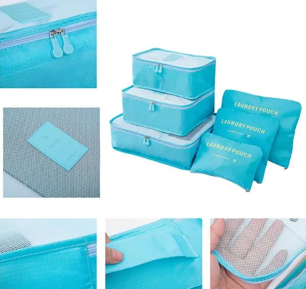Набір дорожніх органайзерів для речей Laundry Pouch 6 сумочок на застібках Блакитний, дорожній органайзер для валізи — фото 4