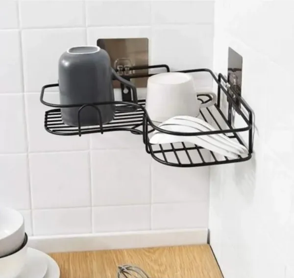 Настінна кутова полиця з 2 крючками, 26,5×26,5×9,5 см CY-0111 Чорна — фото 2