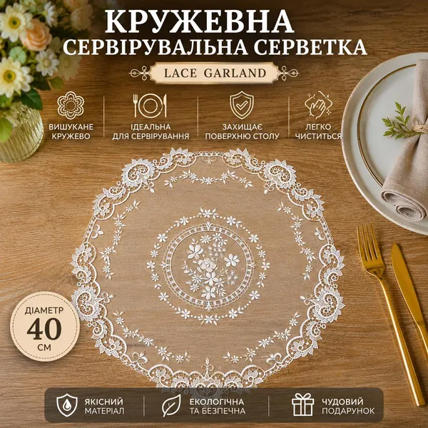 Мереживна сервірувальна серветка D40 см Lace Garland, колір - молочний білий (445-271)