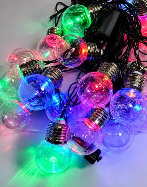 Гірлянда Прозорі лампочки 40 мм, 20 LED, 7 м, мультиколірна, чорний провід, 13641-54