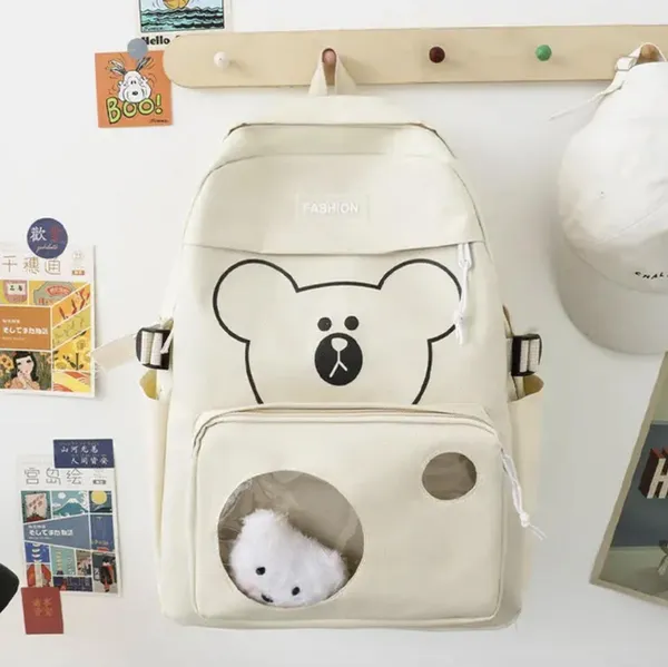Рюкзак 5 в 1 шкільний для дівчинки Bear 2 (набір: рюкзак, шоппер, пенал, сумочка, гаманець), молочний — фото 3
