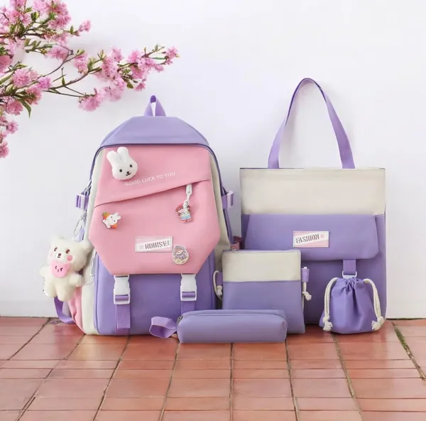 Рюкзак 5 в 1 шкільний для дівчинки Fashion/Rabbit (набір: рюкзак, шоппер, пенал, сумочка, гаманець), фіолетовий