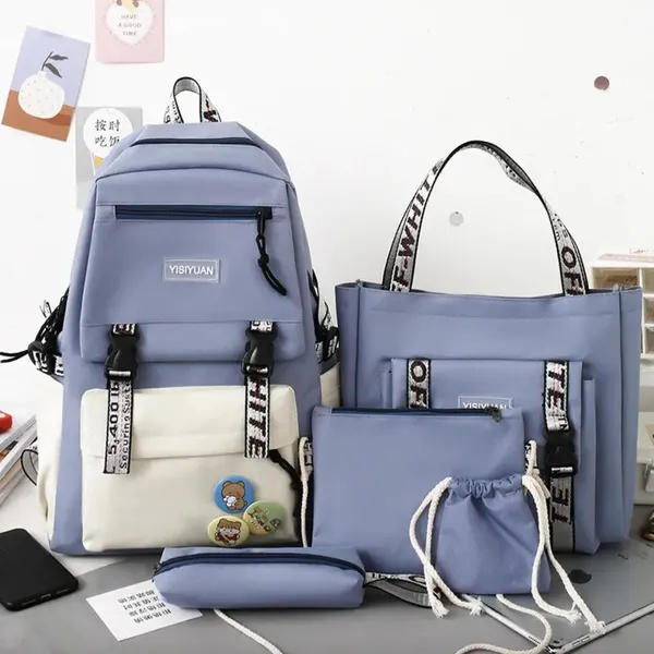 Рюкзак 5 в 1 шкільний для дівчинки OFF-White (набір: рюкзак, шоппер, пенал, сумочка, гаманець), голубий — фото 2