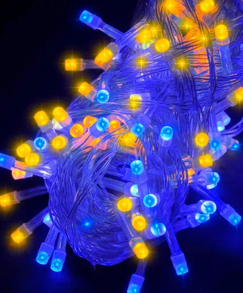 Гірлянда новорічна Ukraine 6 м 100 LED, світло жовто-блакитне (прозорий провід) 1110-26, 8 режимів, від 220 В (на ялинку, штору, вікно, стіну) — фото 4