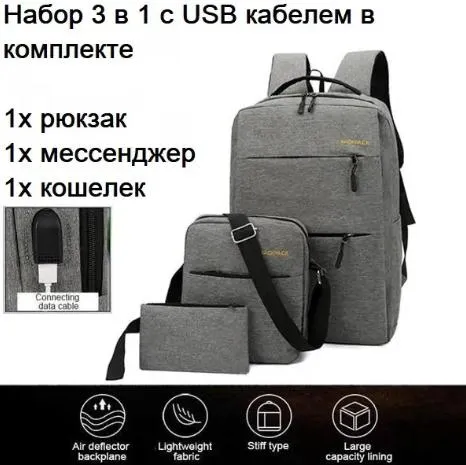 Комплект 3 в 1 (Рюкзак із USB Сумка Клатч) для щоденного використання Backpack Black Сірий — фото 2